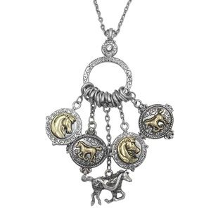 Horse Theme Long 2-Tone Charm Western Necklace